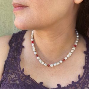Freshwater Pearl and red & clear Crystal Necklace